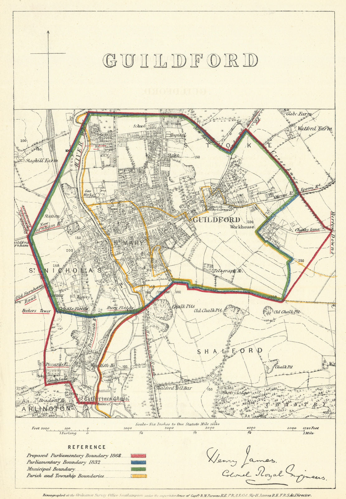 Guildford, Surrey. JAMES. Parliamentary Boundary Commission 1868 old map